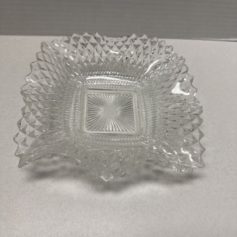 Vintage Clear Indiana Glass Co Square Ruffled Diamond Point Candy Nut Dish Bowl